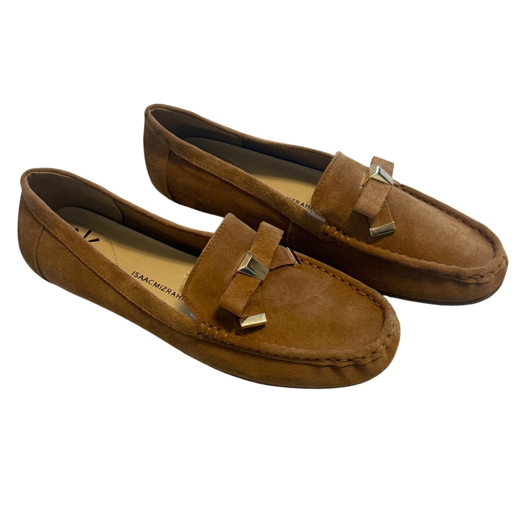 Isaac Mizrahi Live Brown Suede Loafers Women's 10M‎ Gold Hardware Moccasin Flats